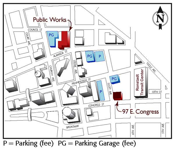 Map of downtown Tucson showing parking and RFCD office locations.