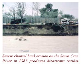 Severe channel bank erosion on the Santa Cruz River 1983, disastrous. Click to enlarge.